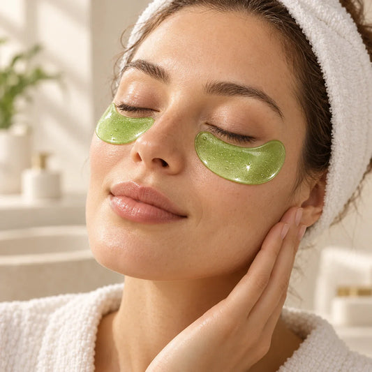 Patchs yeux en gel aloe vera et collagène posés sous les yeux