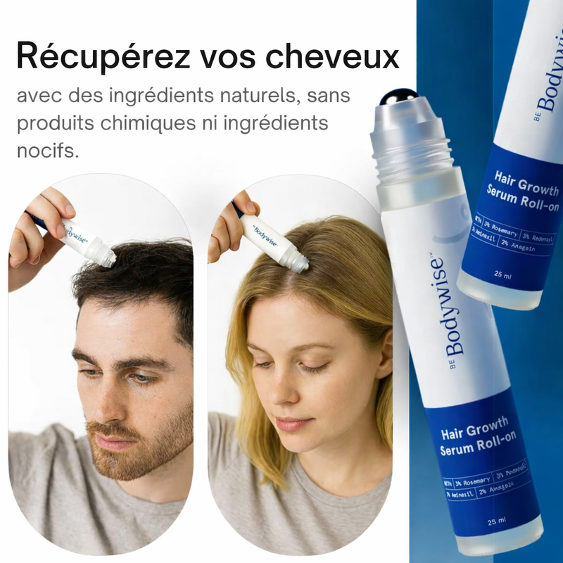 Application du sérum capillaire roll-on sur le cuir chevelu, raie par raie