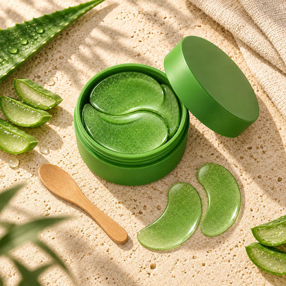 Pot de patchs yeux aloe vera et collagène, spatule et tranches d'aloe vera sur travertin