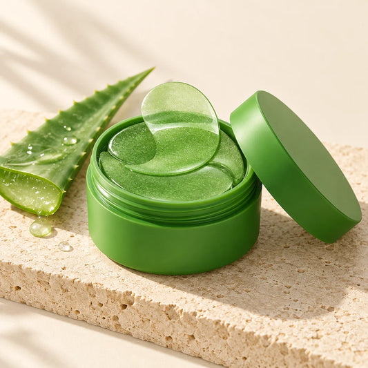 Masque yeux à l'aloe vera et au collagène : pot ouvert avec patchs en gel et feuille d'aloe vera