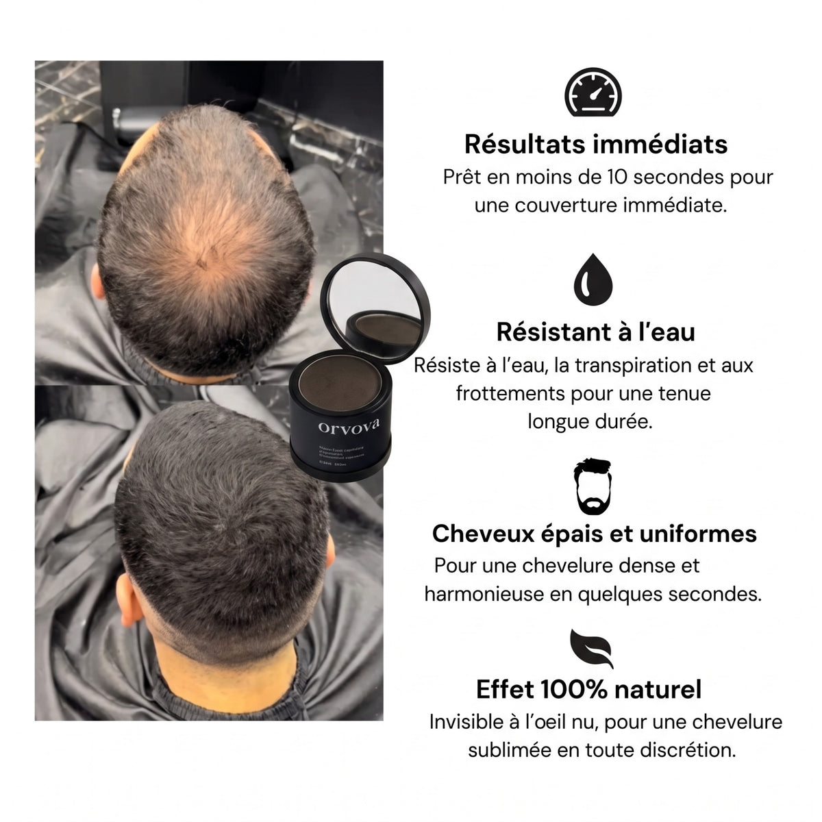 Poudre densifiante cheveux : avant après en moins de 10 secondes, résistante à l'eau, boîtier avec miroir